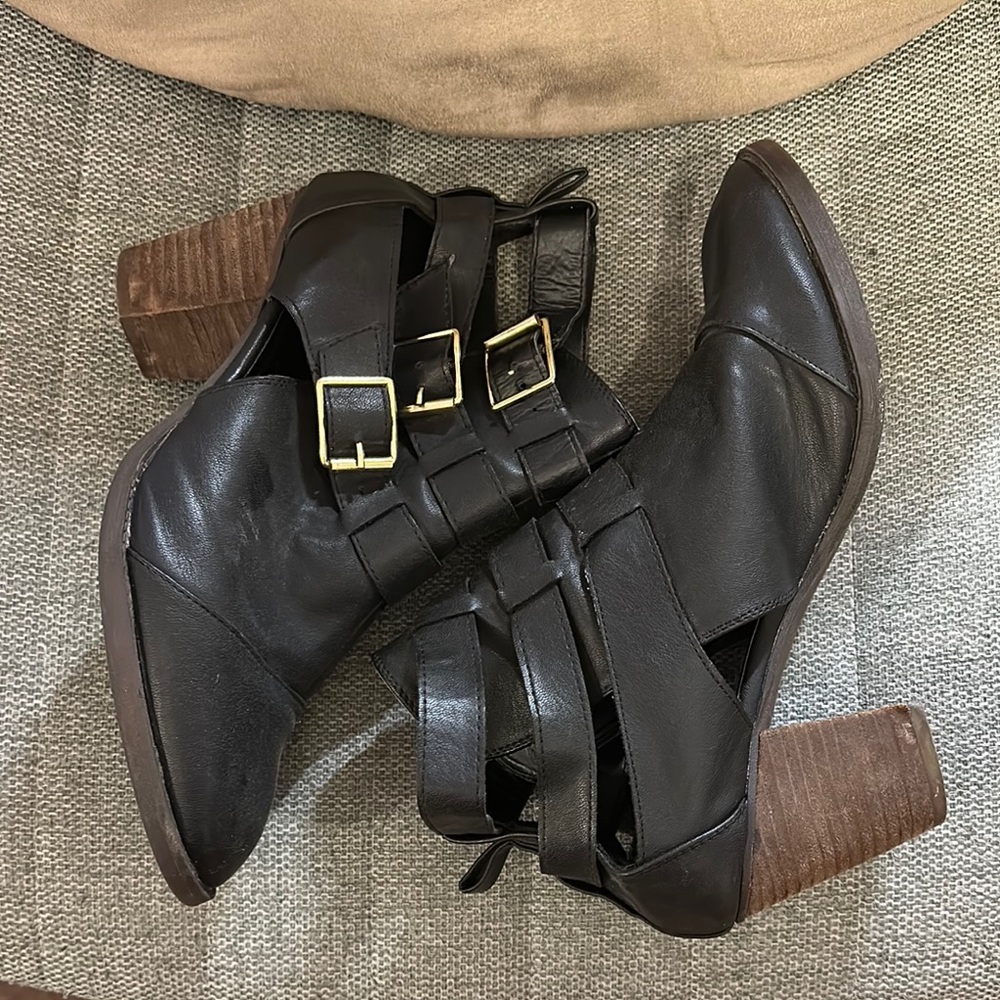 Black and Brown Heeled Boots with Strappy Buckles wide fit